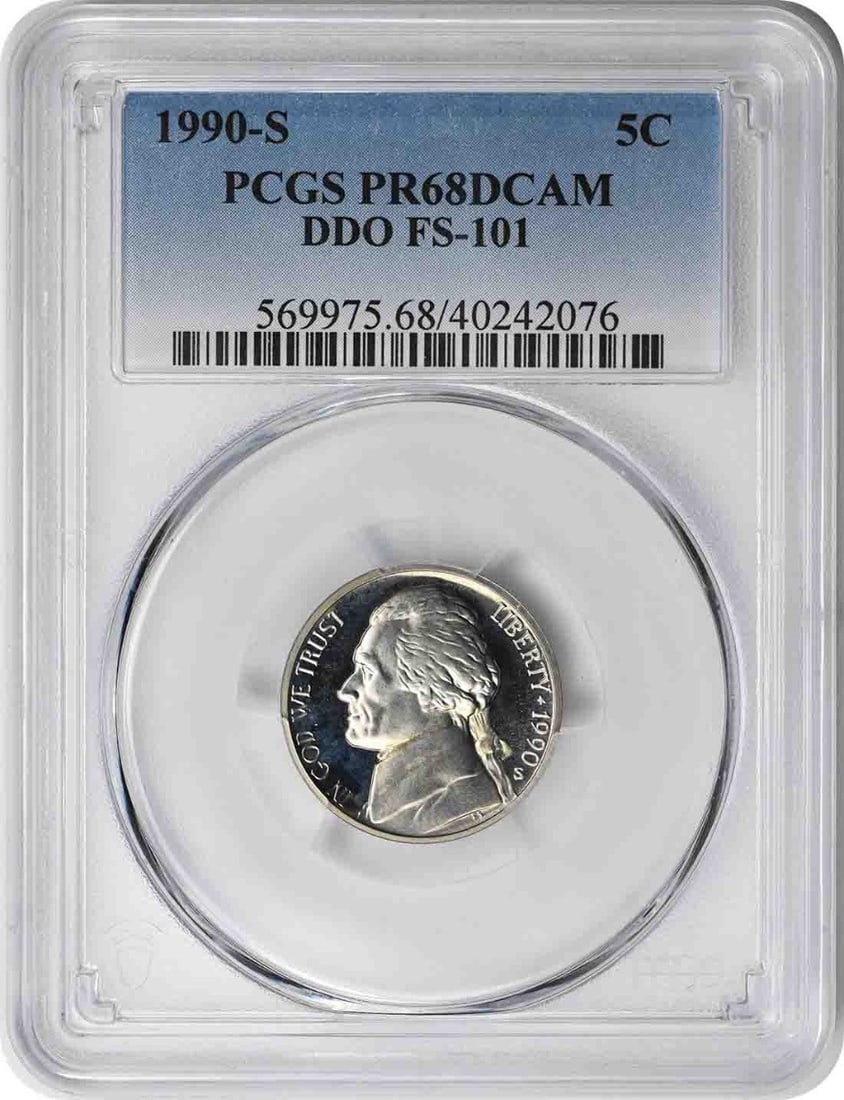 1990-S Jefferson Nickel PR68DCAM PCGS Uncirculated Proof Coin: 1990-S Jefferson Nickel PR68DCAM PCGS Uncirculated Proof Coin This stunning 1990-S Jefferson Nickel is certified by PCGS and graded PR68DCAM, showcasing its outstanding quality. Struck in proof with a