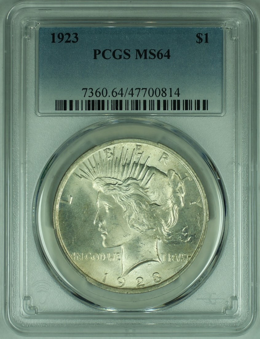 PCGS MS 64 Peace Silver Dollar 1923 $1 Certified Uncirculated Coin: PCGS MS 64 Peace Silver Dollar 1923 $1 Certified Uncirculated Coin This is a 1923 Peace Silver $1 Dollar Coin graded MS 64 by PCGS. The coin is uncirculated and composed of silver. It was issued in th