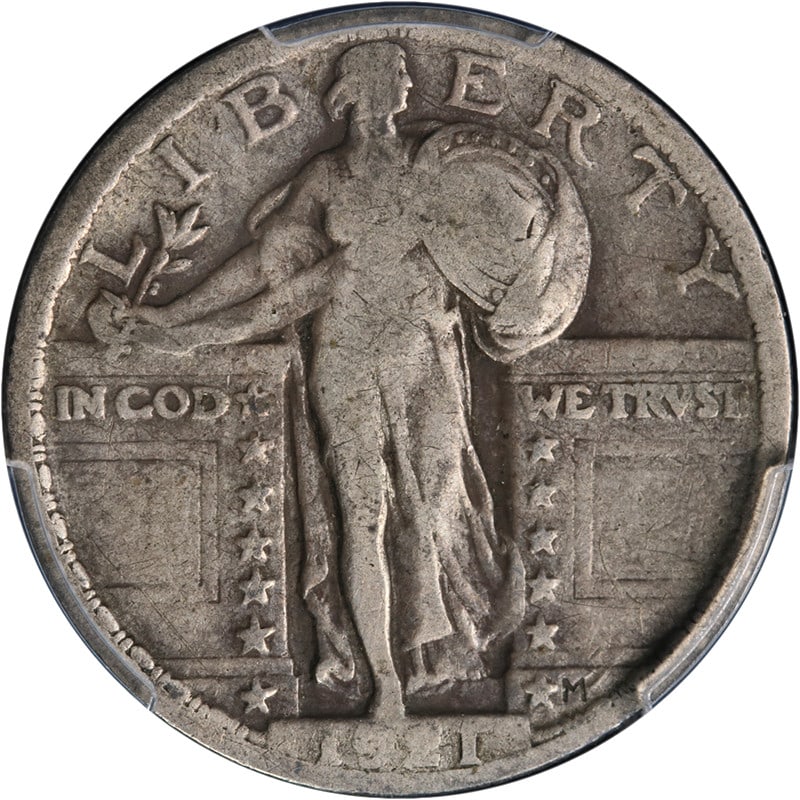 PCGS F15 1921 Standing Liberty Quarter Silver US Coin: PCGS F15 1921 Standing Liberty Quarter Silver US Coin A 1921 Standing Liberty Quarter graded PCGS F15. This circulated silver coin is described as having great eye appeal, a nice strike, great color, 