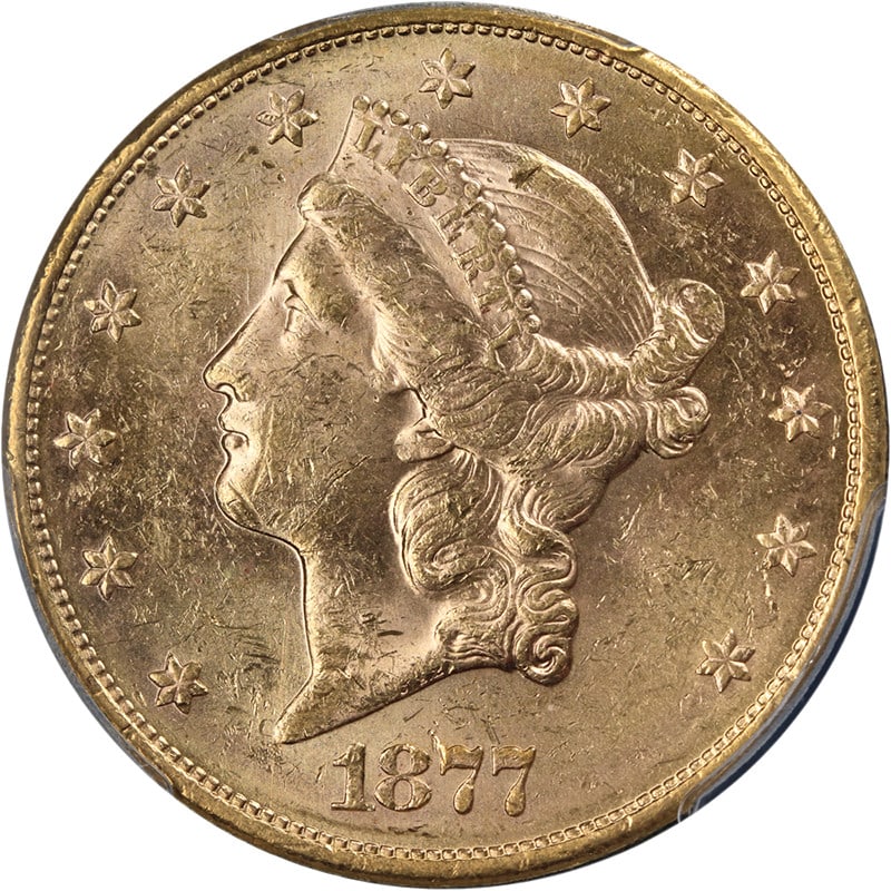 PCGS MS61 1877-S Twenty Dollar Liberty Gold Coin: PCGS MS61 1877-S Twenty Dollar Liberty Gold Coin This 1877-S Liberty Gold $20 coin is graded MS61 by PCGS. It features impressive eye appeal with excellent luster, strong strike, vivid color, and clea