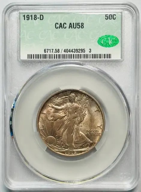 1918-D Denver Walking Liberty Half Dollar Silver AU 58 CAC Certified: 1918-D Denver Walking Liberty Half Dollar Silver AU 58 CAC Certified This is a 1918-D Walking Liberty Half Dollar, certified by CAC with a grade of AU 58. The coin is composed of silver and was minted