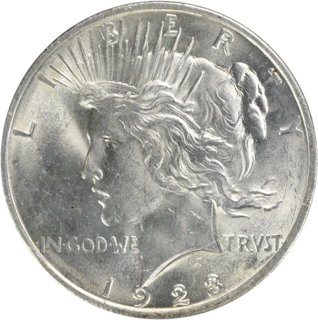 1923 $1 Peace Dollar Silver Uncirculated MS63: 1923 $1 Peace Dollar Silver Uncirculated MS63 1923 Peace Silver Dollar in uncirculated, pre-owned condition. This uncertified silver $1 coin is identified as KM 150 and listed with an MS63 grade. Spec