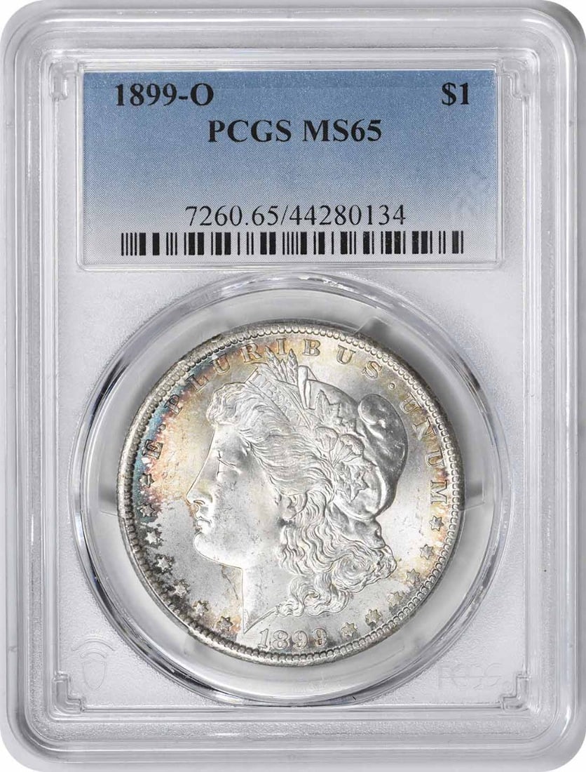 1899-O Morgan Silver Dollar MS65 PCGS Uncirculated Coin: 1899-O Morgan Silver Dollar MS65 PCGS Uncirculated Coin This 1899-O Morgan Silver Dollar is graded MS65 by PCGS, ensuring its excellent condition as an uncirculated coin. Struck in 90% silver and 10% 
