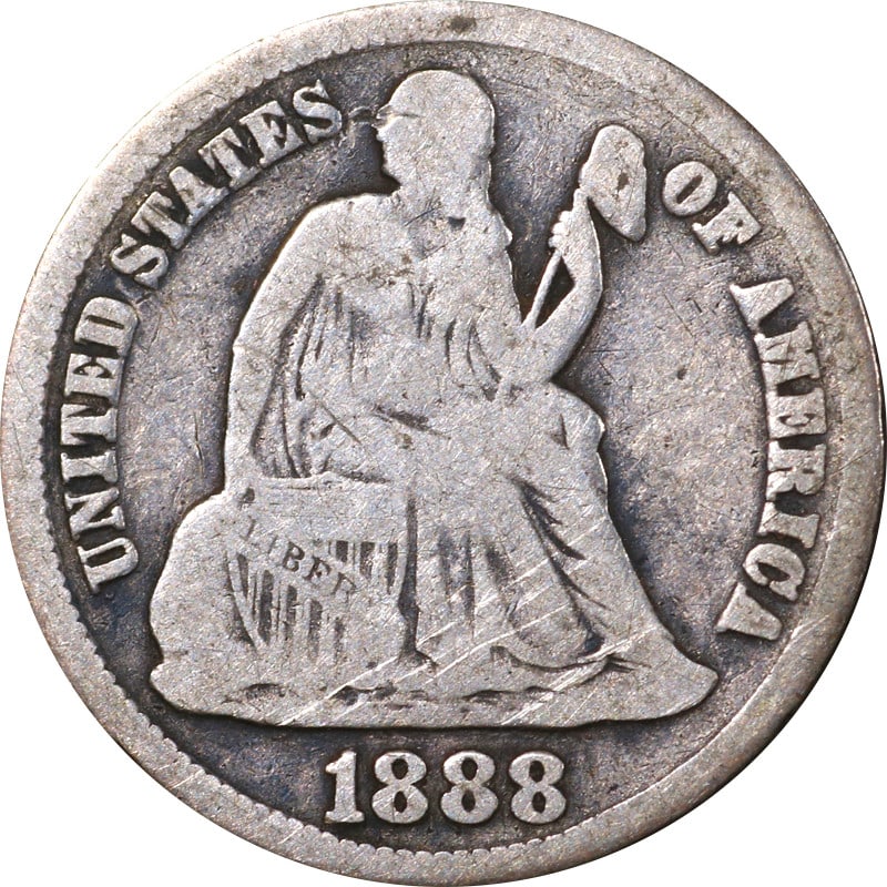1888 San Francisco Seated Liberty Silver Dime: 1888 San Francisco Seated Liberty Silver Dime An 1888-S Seated Liberty Dime from the United States. This circulated silver coin is uncertified and offered in pre-owned condition. The San Francisco min