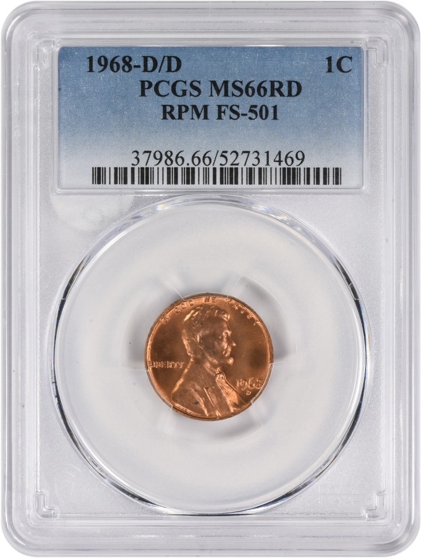 1968-D Lincoln Cent RPM FS-501 MS66RD Uncirculated PCGS: 1968-D Lincoln Cent RPM FS-501 MS66RD Uncirculated PCGS This 1968-D/D Lincoln Cent, certified by PCGS, is an uncirculated coin that showcases the Lincoln Memorial design. Struck in Denver, this small 
