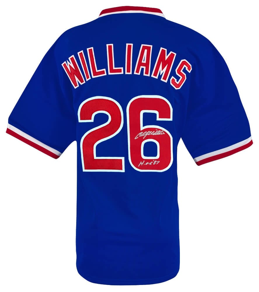 Blue Baseball Jersey Signed by Billy Williams with HOF 87 Inscription and COA: Blue Baseball Jersey Signed by Billy Williams with HOF 87 Inscription and COA This is a blue custom baseball jersey autographed by Billy Williams and inscribed with 'HOF 87.' The jersey represents the