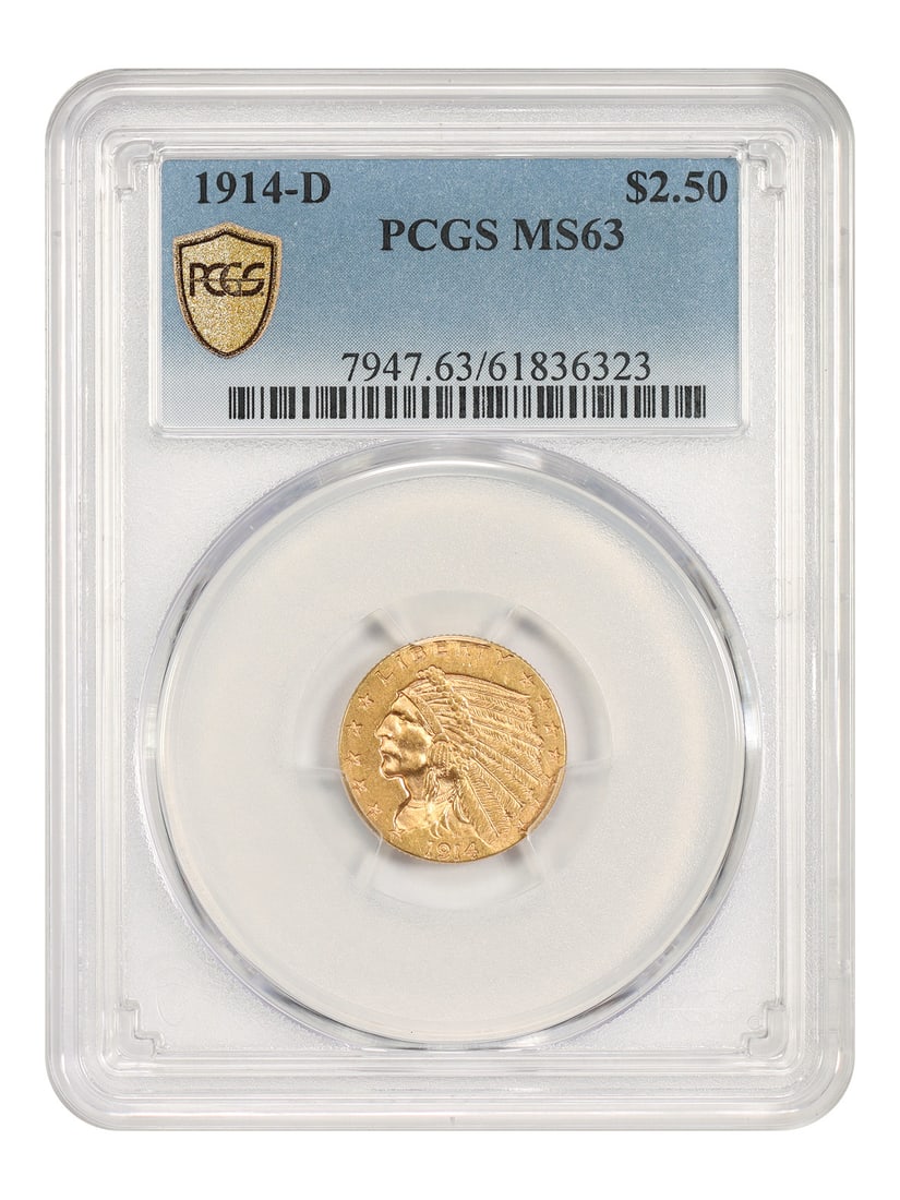 PCGS MS63 1914-D Indian Head Quarter Eagle $2.50 Coin: PCGS MS63 1914-D Indian Head Quarter Eagle $2.50 Coin 1914-D Indian $2.50 gold coin certified by PCGS in MS63 grade. Despite the somewhat healthy mintage of 448,000 coins, few survived in choice MS63 