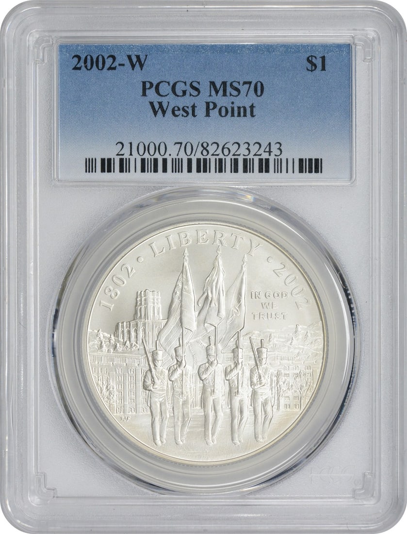 PCGS MS70 2002-W West Point Commemorative Silver Dollar Mint State Coin: PCGS MS70 2002-W West Point Commemorative Silver Dollar Mint State Coin This is a 2002-W West Point Commemorative Dollar, graded MS70 Mint State 70 by PCGS. Struck at the West Point Mint, this uncircu