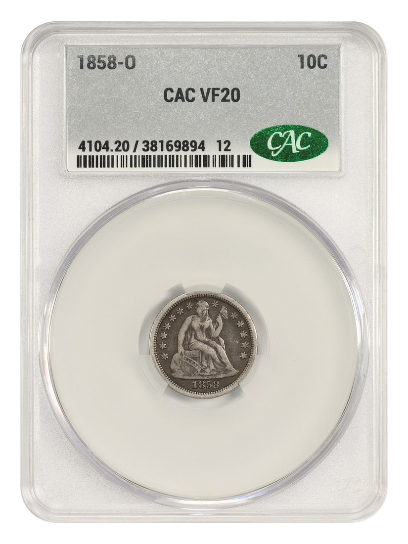 CACG VF20 1858 O Liberty Seated 10C Dime: CACG VF20 1858 O Liberty Seated 10C Dime 1858-O Liberty Seated Dime certified by CACG in VF20 circulated condition. This pre-owned coin is identified as a 10C issue from New Orleans. Specifications De