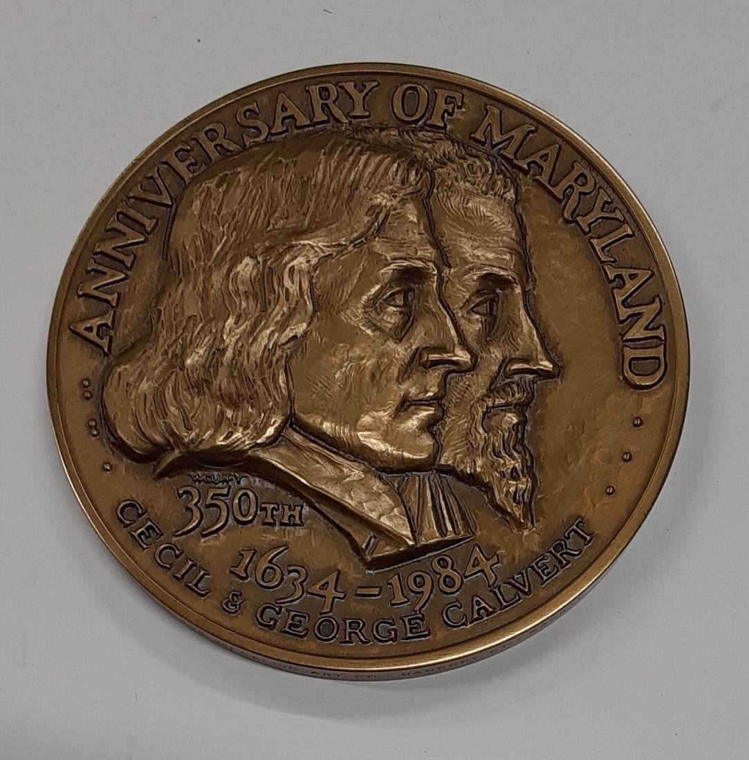 Maryland 350th Anniversary 3 Inch Bronze Medal by Medallic Art Co with Stand: Maryland 350th Anniversary 3 Inch Bronze Medal by Medallic Art Co with Stand This solid bronze medal was produced in 1984 by the Medallic Art Company to commemorate the 350th anniversary of the foundi