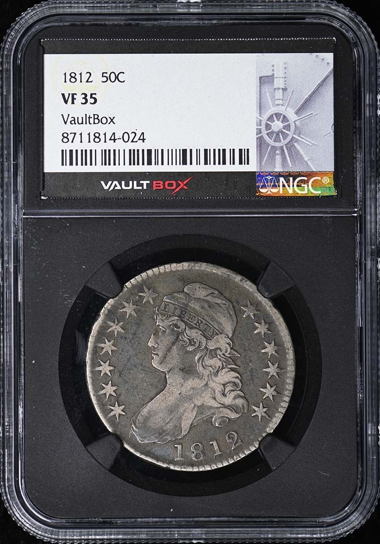 NGC VF35 1812 Capped Bust Half Dollar Lettered Edge: NGC VF35 1812 Capped Bust Half Dollar Lettered Edge This 1812 Capped Bust Half Dollar features a lettered edge and has been certified by NGC with a VF35 grade. Struck in Philadelphia, this circulated 
