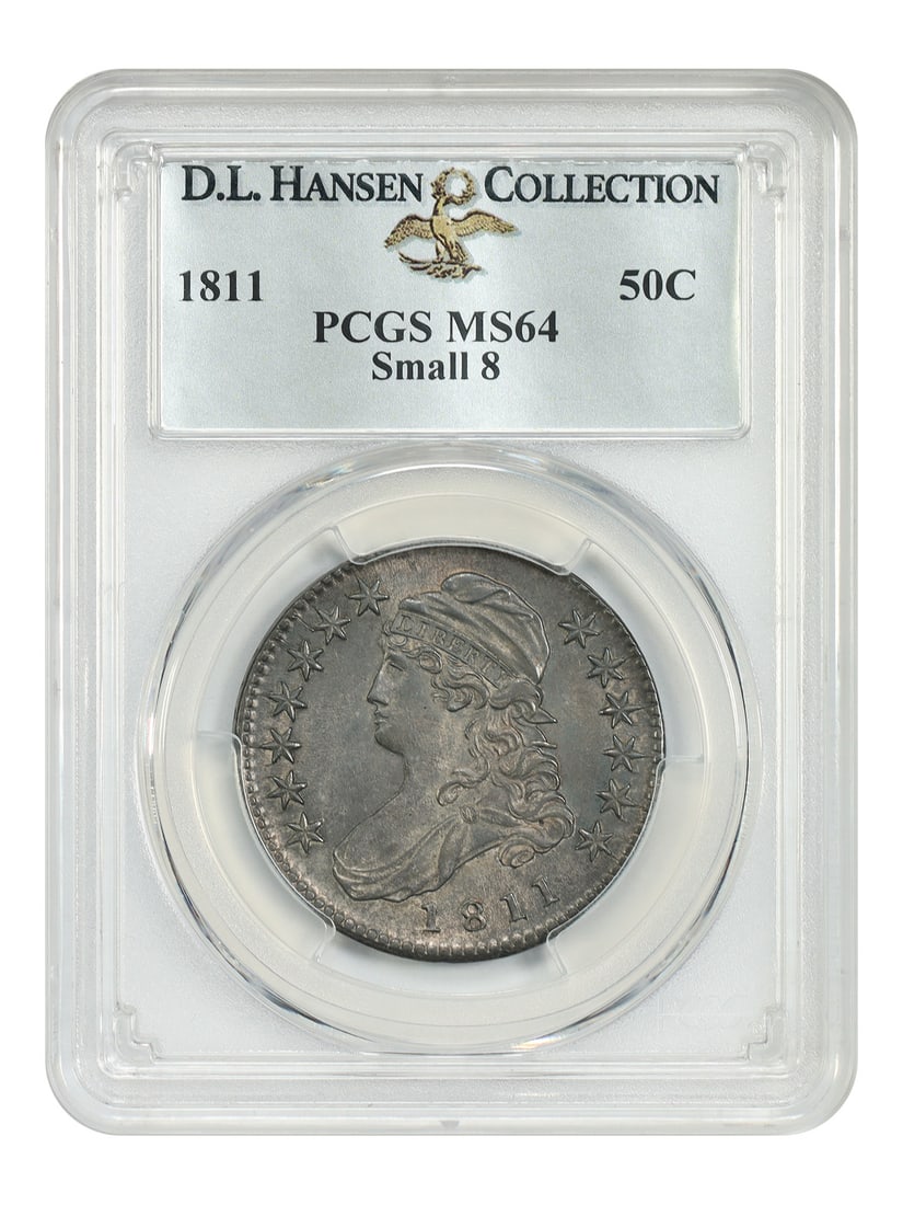 PCGS MS64 1811 Capped Bust Half Dollar 50C Small 8 ex D.L. Hansen: PCGS MS64 1811 Capped Bust Half Dollar 50C Small 8 ex D.L. Hansen 1811 Capped Bust Half Dollar, Small 8 variety, certified PCGS MS64. A total mintage of 1,203,644 for the date includes both varieties 