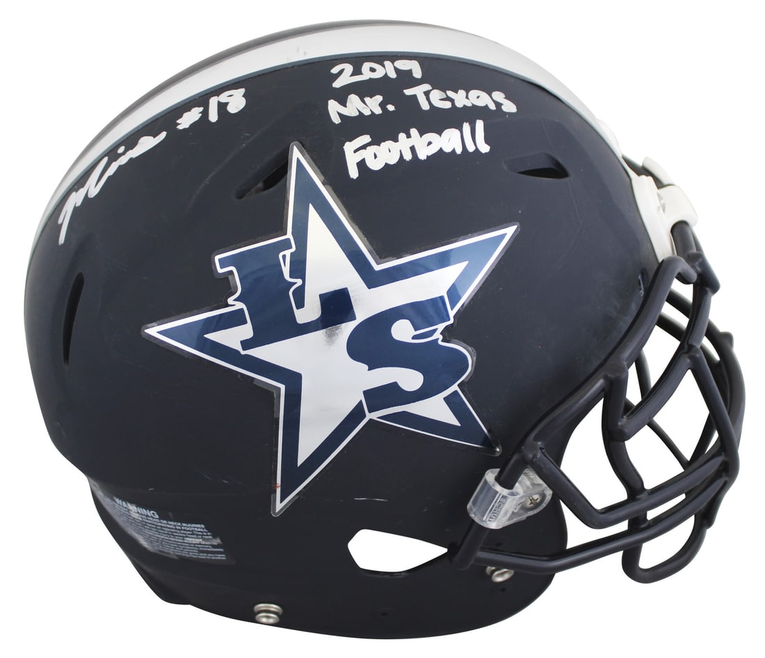 Signed Riddell full size replica helmet Marvin Mims JSA with Mr. Texas Football inscription: Signed Riddell full size replica helmet Marvin Mims JSA with Mr. Texas Football inscription Autographed Riddell Lone Star High School full-size replica helmet signed by Marvin Mims and inscribed "2019
