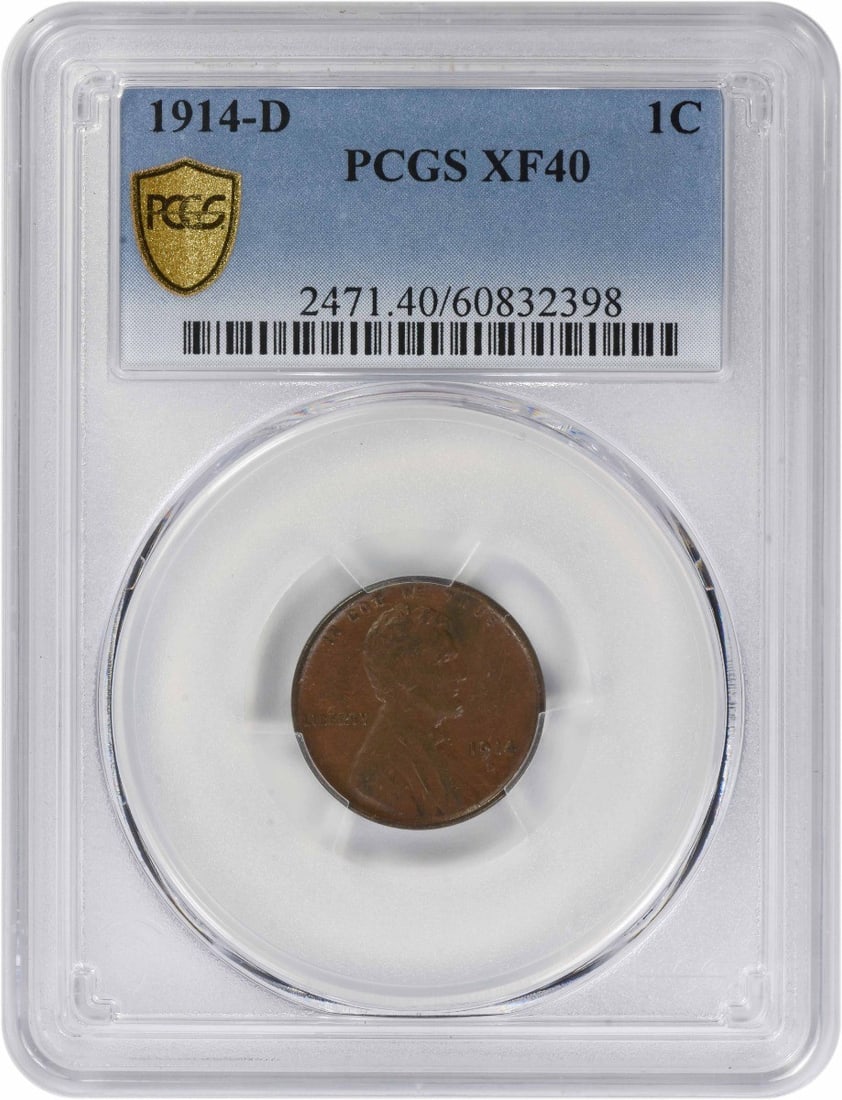 PCGS EF40 1914 D Lincoln Wheat Copper Cent: PCGS EF40 1914 D Lincoln Wheat Copper Cent This 1914-D Lincoln Wheat Cent is graded EF40 by PCGS. Struck in copper, this circulated small cent originates from the Denver Mint and is a classic piece of