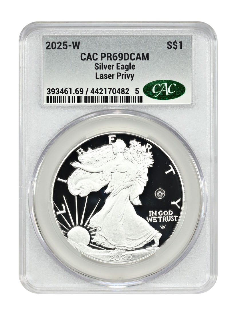 2025-W $1 CACG PR69DCAM Silver Eagle Laser Privy: 2025-W $1 CACG PR69DCAM Silver Eagle Laser Privy 2025-W $1 Silver Eagle graded CACG PR69DCAM with a Laser Privy. This uncirculated coin is one of the newest releases from the U.S. Mint and features a 