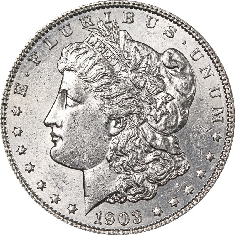 1903 Philadelphia Morgan silver dollar: 1903 Philadelphia Morgan silver dollar This is a 1903 Morgan Silver Dollar minted in Philadelphia. The coin is composed of 90% silver and is a circulated, pre-owned example. It is uncertified and orig