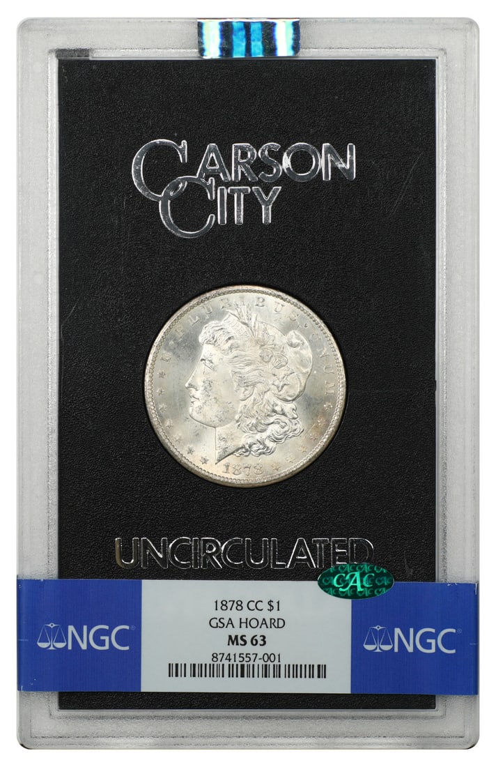 1878 Carson City Morgan Dollar GSA NGC MS63 CAC: 1878 Carson City Morgan Dollar GSA NGC MS63 CAC An 1878 Carson City Morgan Dollar, GSA issue, housed in the original hard case and graded NGC MS63 with CAC approval. This uncirculated, pre-owned examp