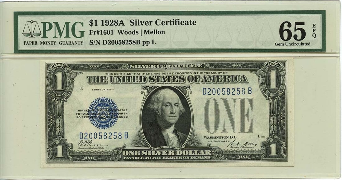1928A $1 Silver Certificate Fr# 1601 PMG Gem 65 EPQ: 1928A $1 Silver Certificate Fr# 1601 PMG Gem 65 EPQ This 1928A $1 Silver Certificate, designated as Fr# 1601, is a remarkable piece of currency history. Certified by PMG with a grade of Gem65 EPQ, thi