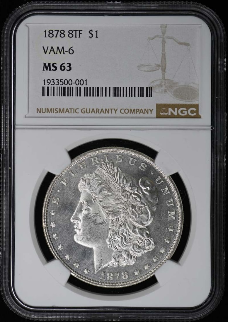 NGC MS63 1878 8TF Morgan Dollar VAM-6 S$1: NGC MS63 1878 8TF Morgan Dollar VAM-6 S$1 1878 8TF Morgan Dollar, VAM-6 variety, graded MS63 by NGC. This pre-owned coin is an uncirculated United States Morgan Dollar with Philadelphia mint location.