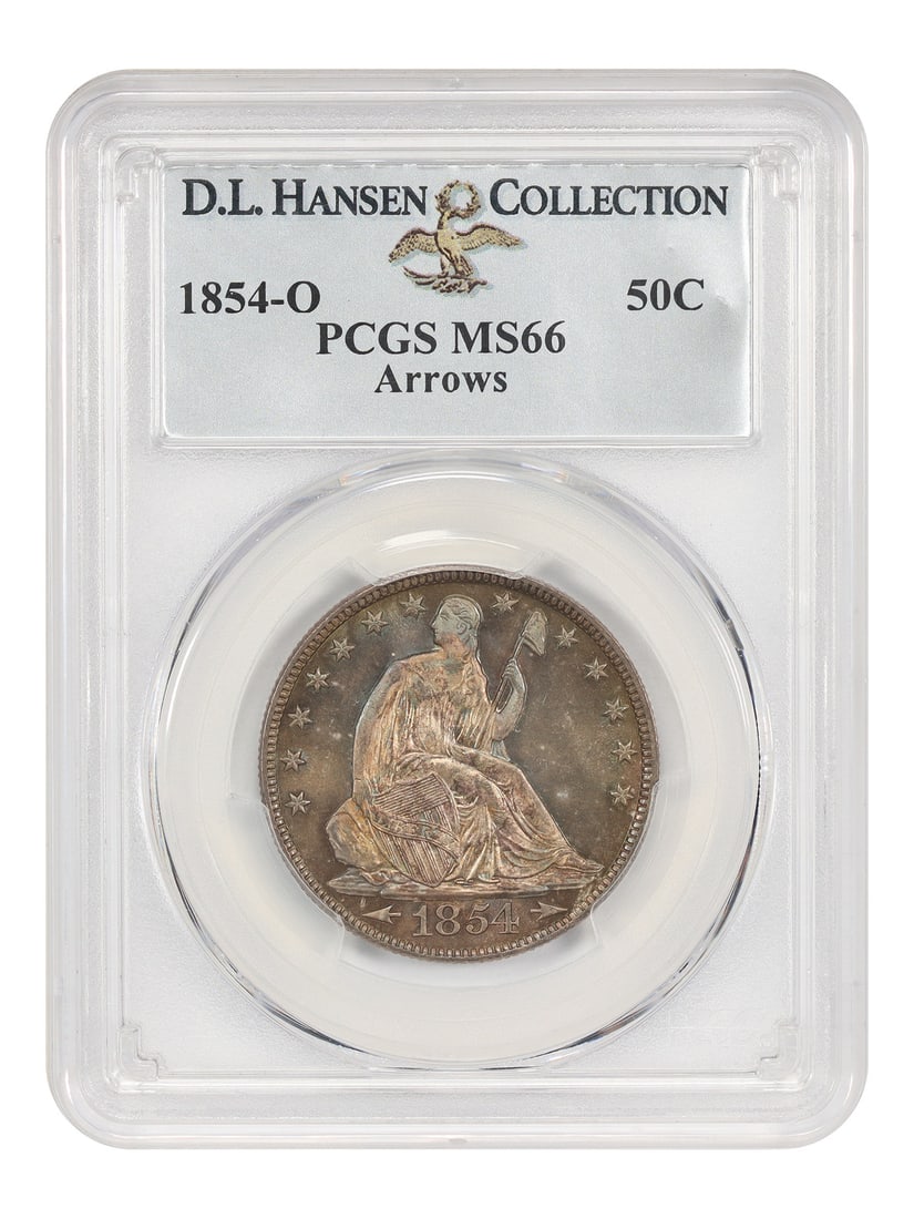 Liberty Seated Half Dollar 1854-O PCGS MS66 With Arrows ex D.L. Hansen: Liberty Seated Half Dollar 1854-O PCGS MS66 With Arrows ex D.L. Hansen 1854-O Liberty Seated Half Dollar with Arrows, certified PCGS MS66. This uncirculated example is noted as ex: D.L. Hansen and fea