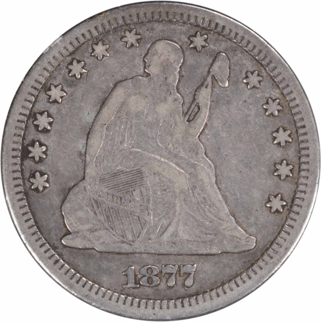 1877 CC Seated Liberty Quarter Silver VF Uncertified FS-301 RPD: 1877 CC Seated Liberty Quarter Silver VF Uncertified FS-301 RPD This is an 1877-CC Liberty Seated Silver Quarter, featuring the RPD FS-301 variety. The coin is circulated and graded as VF (Very Fine).