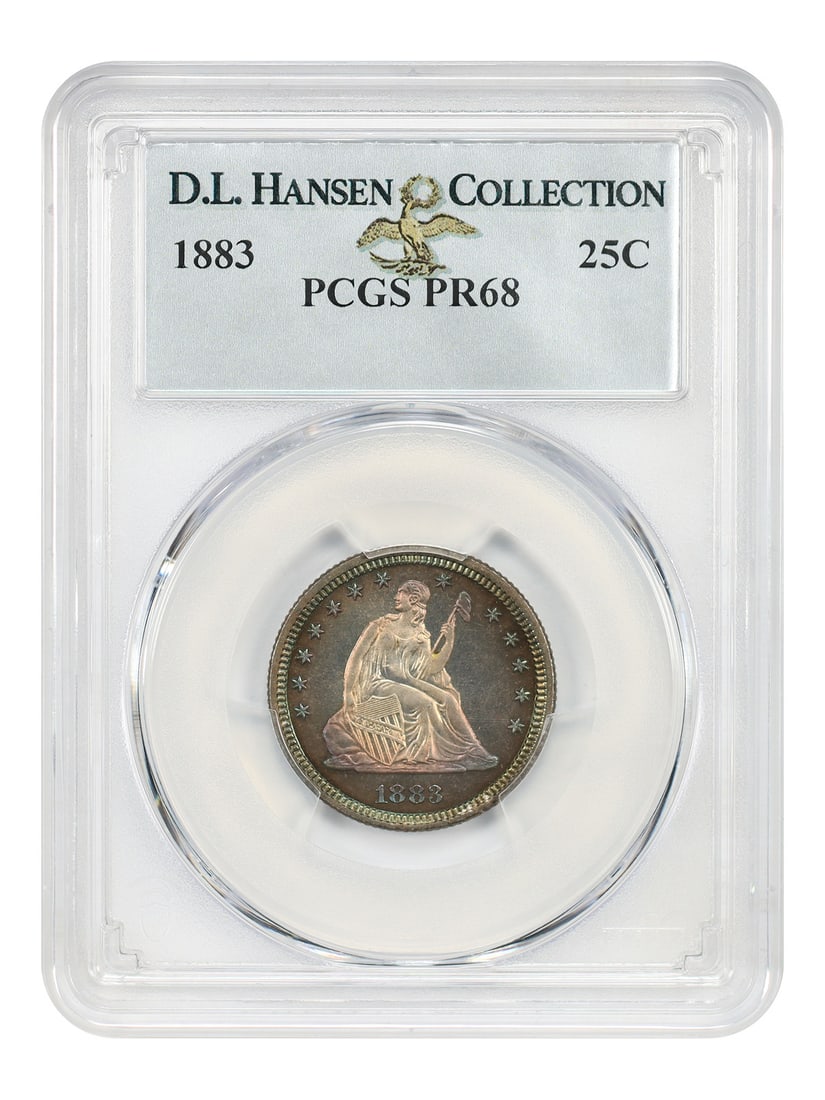 1883 Liberty Seated Quarter 25C PCGS PR68 Proof: 1883 Liberty Seated Quarter 25C PCGS PR68 Proof 1883 Liberty Seated Quarter certified by PCGS in PR68 grade. This uncirculated proof issue comes from a low mintage of just 1,039 coins. The coin is des