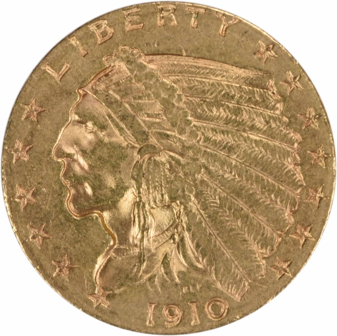 1910 Indian $2.50 Gold Coin AU About Uncirculated Uncertified: 1910 Indian $2.50 Gold Coin AU About Uncirculated Uncertified This 1910 $2.50 Indian Head gold coin, designed by Bela Lyon Pratt, was minted in Philadelphia and is composed of 90% gold and 10% copper.