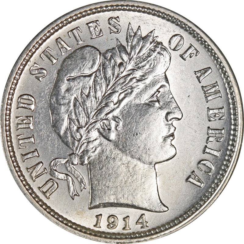 1914-D Barber Dime Circulated Silver Coin: 1914-D Barber Dime Circulated Silver Coin This 1914-D Barber Dime is a classic piece of American coinage. Struck in silver, it features a composition of 90% silver and 10% copper, characteristic of di