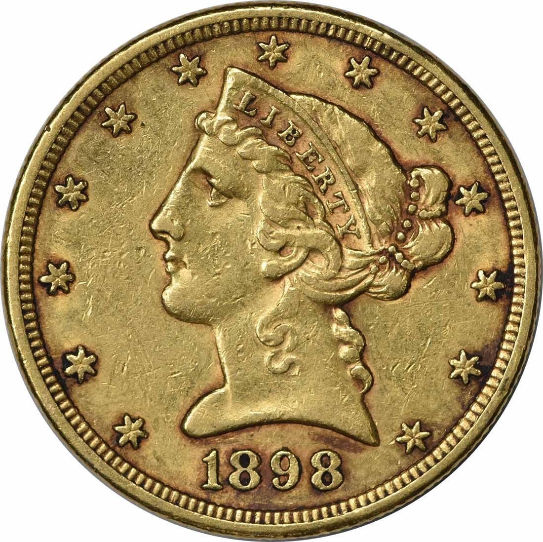 1898 S Liberty Head $5 Gold Coin AU Uncertified: 1898 S Liberty Head $5 Gold Coin AU Uncertified 1898-S Liberty Head $5 gold coin in AU grade. This pre-owned, circulated example is uncertified and was manufactured in the United States during the Pre