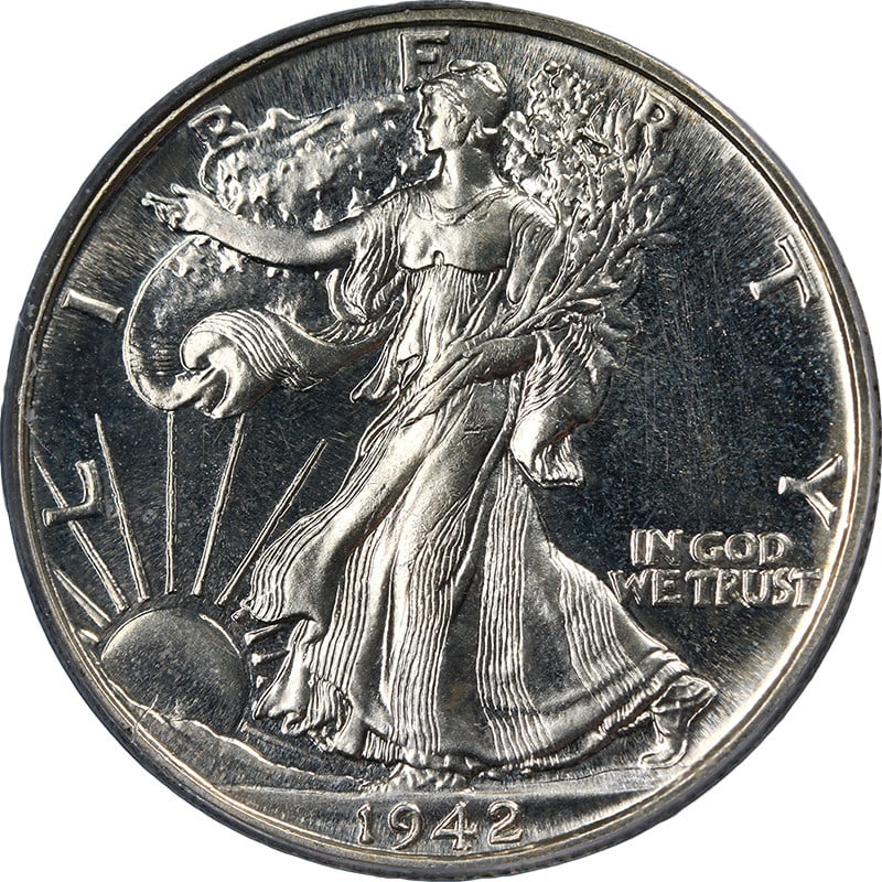 1942 Silver Walking Liberty Half Dollar PCGS PR64 Proof Coin: 1942 Silver Walking Liberty Half Dollar PCGS PR64 Proof Coin This original 1942 Walking Liberty Half Dollar is graded PCGS PR64 and features superb eye appeal, fantastic luster, and a strong strike. I