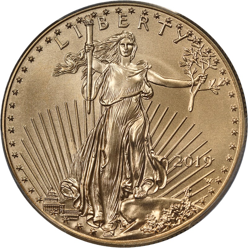 PCGS SP70 2019-W $50 Gold Eagle Burnished First Day Issue Gold Label Coin: PCGS SP70 2019-W $50 Gold Eagle Burnished First Day Issue Gold Label Coin This 2019-W Gold American Eagle $50 coin is certified by PCGS with a grade of SP70, indicating a perfect, uncirculated conditi