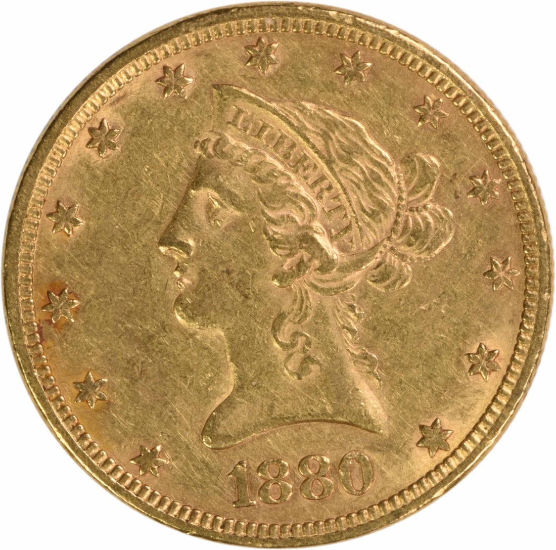 1880 Liberty Head $10 Gold Coin AU Uncertified: 1880 Liberty Head $10 Gold Coin AU Uncertified This 1880 $10 Liberty Head gold coin was struck at the Philadelphia Mint. Designed by Christian Gobrecht, it features a composition of 90% gold and 10% c