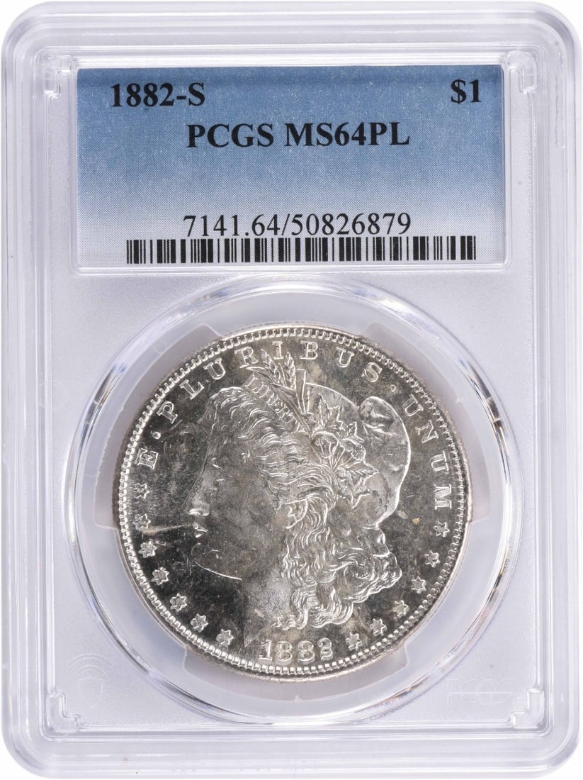 1882-S Morgan Silver Dollar PCGS MS64PL Uncirculated Silver Coin: 1882-S Morgan Silver Dollar PCGS MS64PL Uncirculated Silver Coin This 1882-S Morgan Silver Dollar is a stunning piece with a grade of MS64PL, certified by PCGS. Minted in San Francisco, it boasts a co