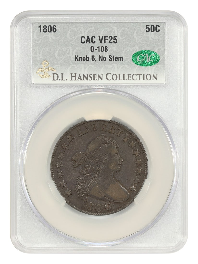1806 Draped Bust Half Dollar 50C CACG VF25 O-108 ex D.L. Hansen: 1806 Draped Bust Half Dollar 50C CACG VF25 O-108 ex D.L. Hansen This 1806 Draped Bust Half Dollar is certified by CACG and graded VF25. It is the O-108 variety, identified as the knob 6, no stem rever
