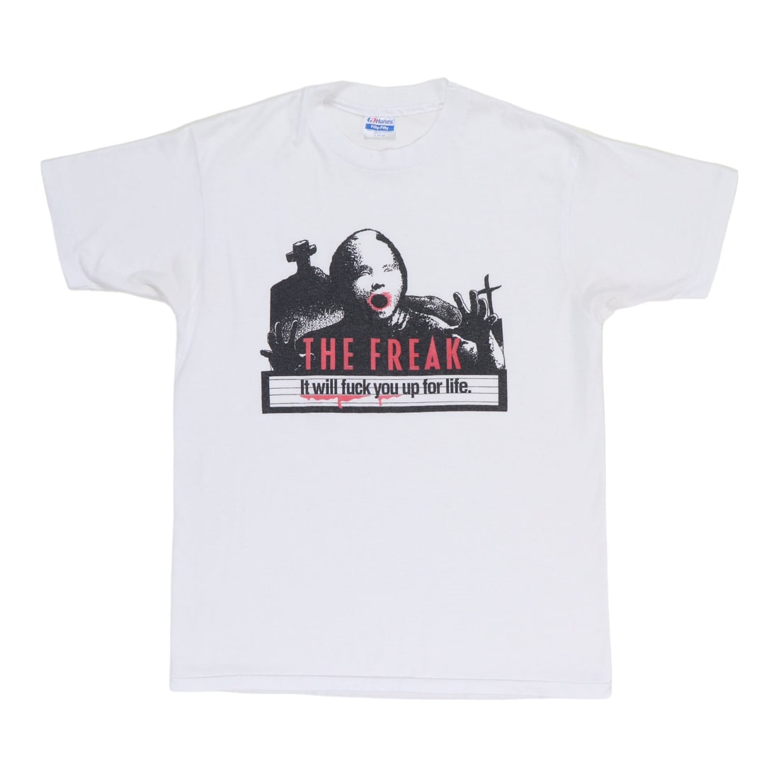 Vintage 1980s The Freak Graphic White Poly Cotton T Shirt: Vintage 1980s The Freak Graphic White Poly Cotton T Shirt This original vintage 1980s "The Freak Fuck You Up For Life" shirt is an authentic piece from the era, not a modern reproduction. Made from a 