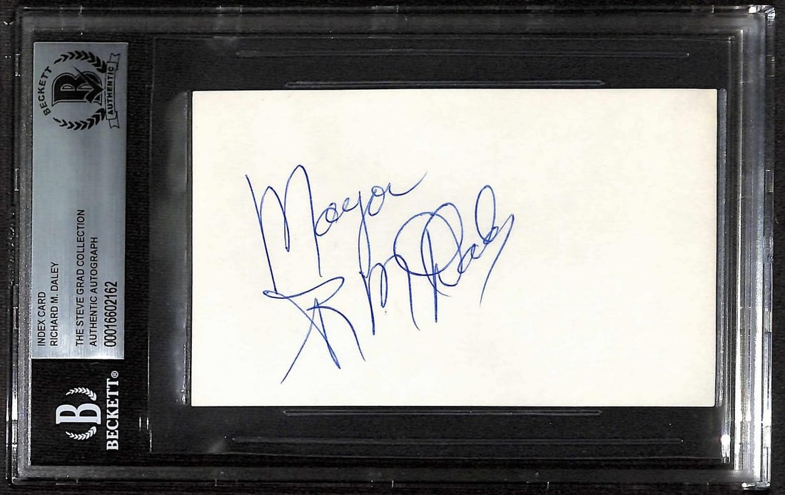 Beckett Slabbed Richard M Daley Autographed Index Card: Beckett Slabbed Richard M Daley Autographed Index Card This is an index card personally signed by Richard M. Daley, the former Mayor of Chicago, and encapsulated in a Beckett Authentication Services s