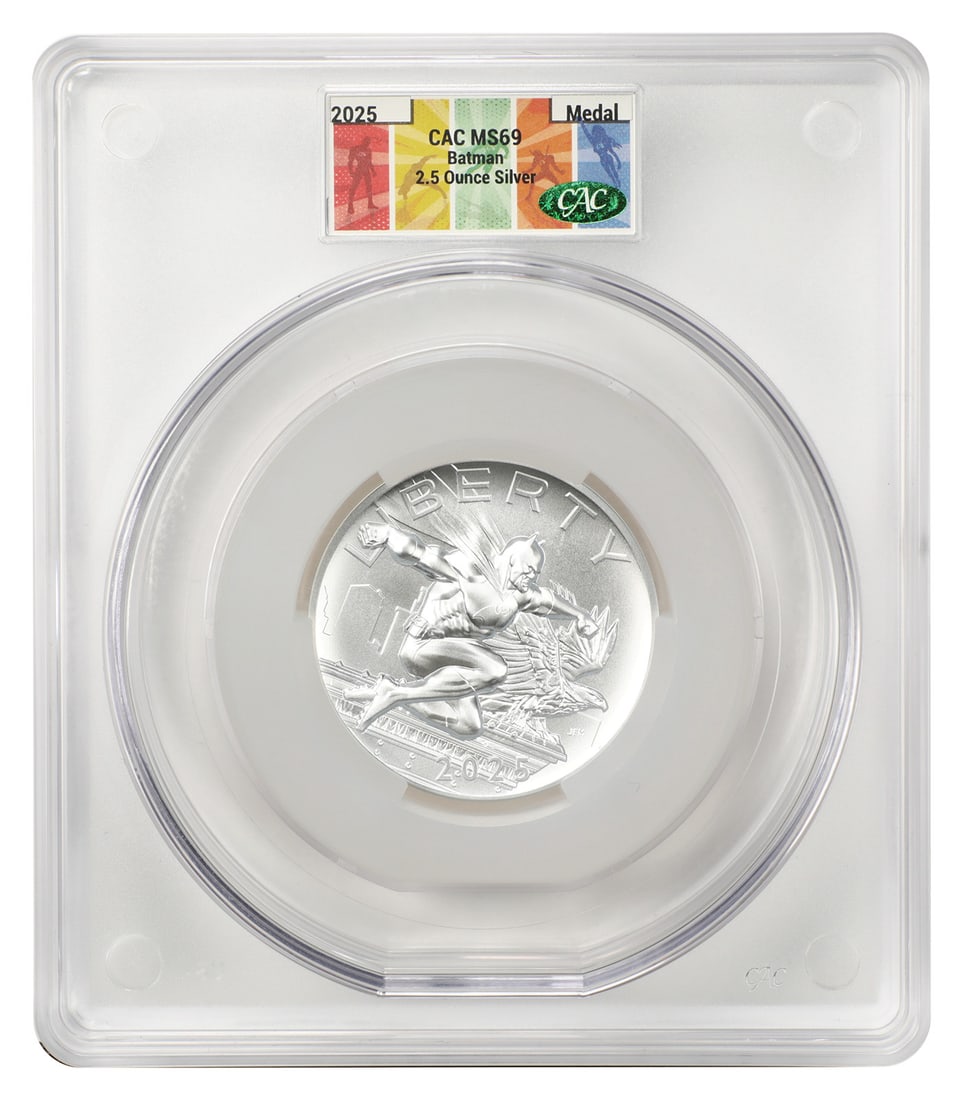 2025 2.5oz Silver Batman Medal CACG MS69: 2025 2.5oz Silver Batman Medal CACG MS69 This is a 2025 modern commemorative Batman silver medal weighing 2.5 ounces. Struck in Philadelphia, the medal is uncirculated and certified by CACG with the g