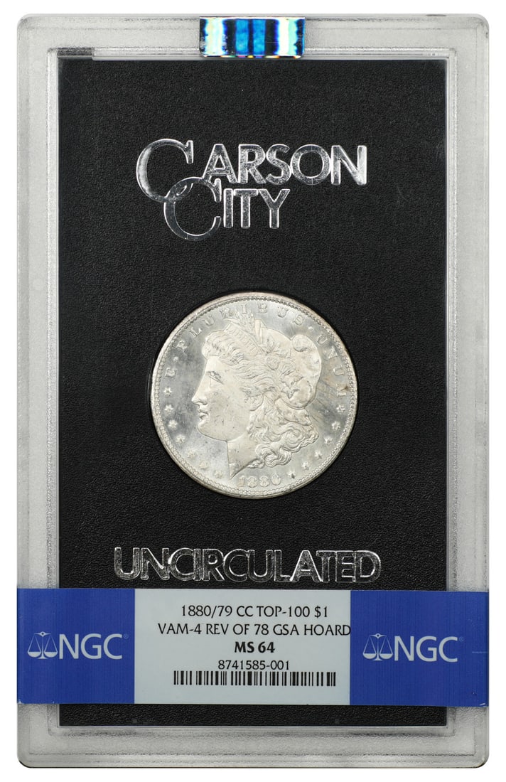 NGC MS64 1880 79-CC Morgan Dollar GSA VAM-4 Reverse of 1878: NGC MS64 1880 79-CC Morgan Dollar GSA VAM-4 Reverse of 1878 1880/79-CC Morgan Dollar graded NGC MS64 and housed in a GSA hard case. This uncirculated example is identified as the VAM-4 variety with Re