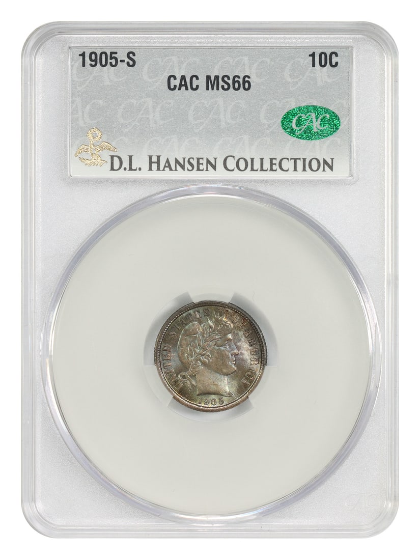 CACG MS66 1905-S Barber Dime 10C ex D.L. Hansen: CACG MS66 1905-S Barber Dime 10C ex D.L. Hansen 1905-S Barber Dime certified by CACG in MS66 grade, ex: D.L. Hansen. Just 10 pieces have been graded finer across all major grading services. This uncir