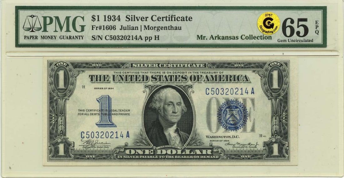 PMG 65 EPQ 1934 $1 Silver Certificate FR#1606 GCC Gold: PMG 65 EPQ 1934 $1 Silver Certificate FR#1606 GCC Gold 1934 $1 Silver Certificate graded PMG Gem 65 EPQ. This uncirculated United States note is a pre-owned collectible and is identified as Friedberg 