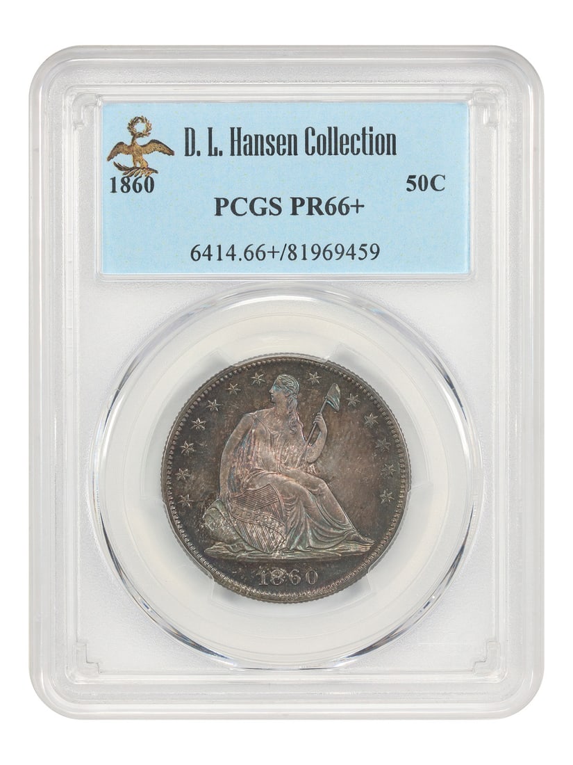 PCGS PR66+ 1860 Liberty Seated Half Dollar 50C ex D.L. Hansen: PCGS PR66+ 1860 Liberty Seated Half Dollar 50C ex D.L. Hansen 1860 Liberty Seated Half Dollar, denomination 50C, graded PCGS PR66+ and pedigreed ex: D.L. Hansen. This very scarce No Motto proof issue 