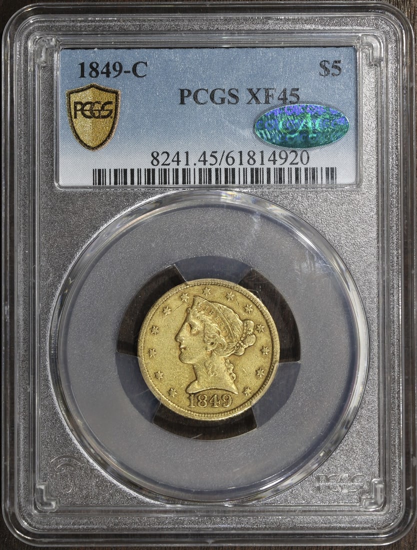 1849-C Liberty Head $5 Gold Half Eagle PCGS XF45 CAC Charlotte Mint: 1849-C Liberty Head $5 Gold Half Eagle PCGS XF45 CAC Charlotte Mint Rare 1849-C Liberty Head Gold Half Eagle $5 coin graded XF45 by PCGS. This pre-1933 United States gold coin is a Charlotte Mint issu