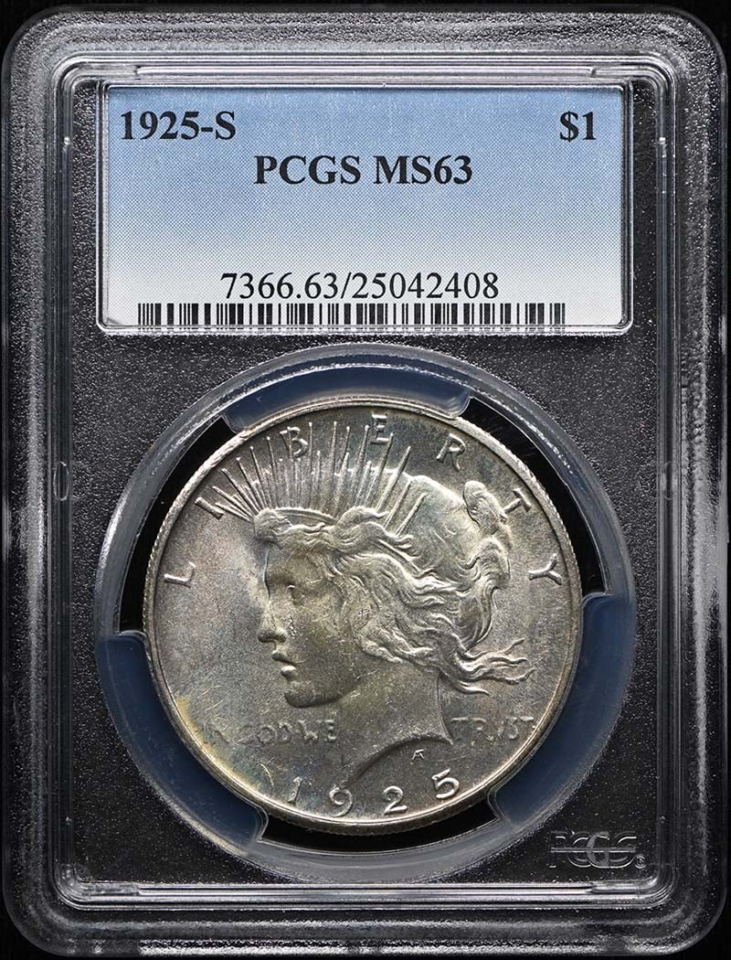 PCGS MS63 1925 S Peace Dollar $1 Uncirculated: PCGS MS63 1925 S Peace Dollar $1 Uncirculated 1925-S Peace Dollar graded MS63 by PCGS. This pre-owned coin is an uncirculated United States silver dollar from the Peace Dollar series. Specifications Y
