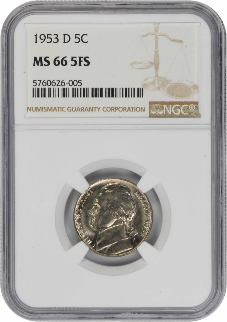NGC MS66 5FS 1953-D Jefferson Nickel Uncirculated Denver Mint: NGC MS66 5FS 1953-D Jefferson Nickel Uncirculated Denver Mint This 1953-D Jefferson Nickel is graded MS66 5FS by NGC. It is an uncirculated coin featuring the Jefferson design by Felix Schlag, minted 