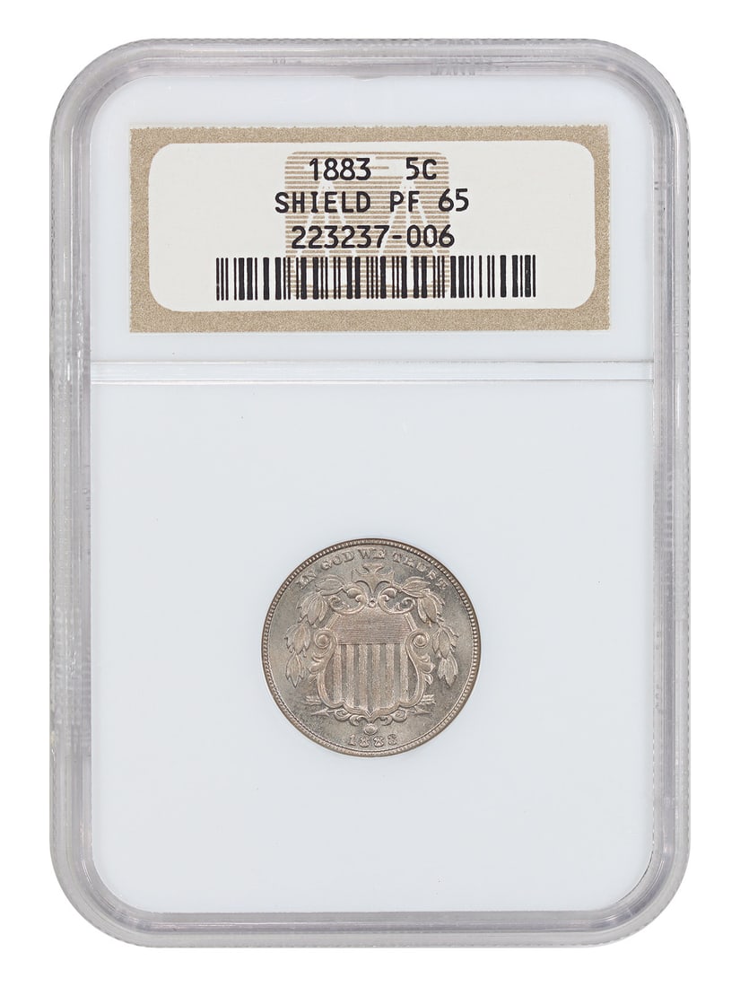 NGC PR65 1883 Shield Nickel 5C Proof: NGC PR65 1883 Shield Nickel 5C Proof 1883 Shield Nickel proof coin certified by NGC as PR65. This uncirculated 5C issue was struck in Philadelphia, and the original description notes a mintage of 5,41