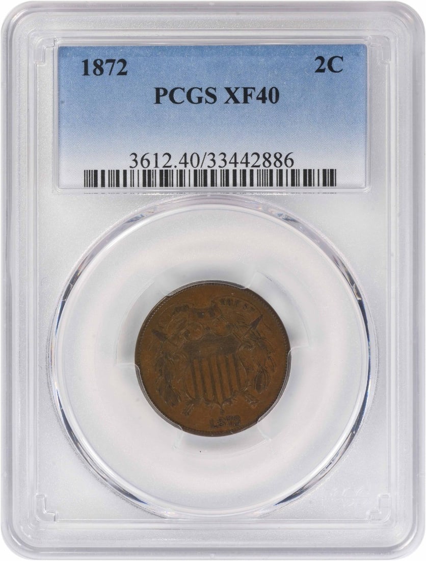 PCGS EF40 1872 United States 2C Coin: PCGS EF40 1872 United States 2C Coin An 1872 Two Cent Piece certified by PCGS and graded EF40. This circulated United States coin is denominated 2C and listed as pre-owned. No mint mark is noted. Spec