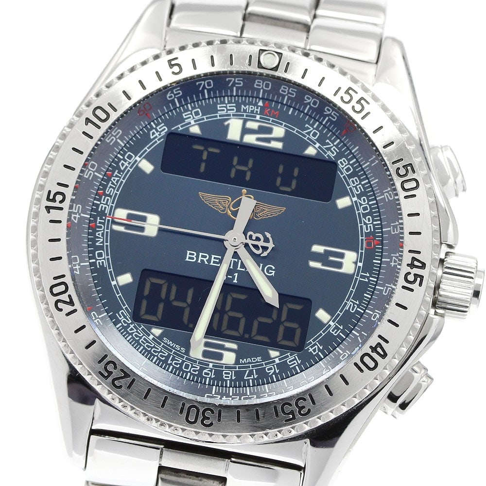 Breitling B-1 A68362 mens quartz stainless steel wristwatch: Breitling B-1 A68362 mens quartz stainless steel wristwatch Pre-owned Breitling B-1 men's wristwatch with quartz movement and a multifunctional display. This watch-only offering features a gray dial a