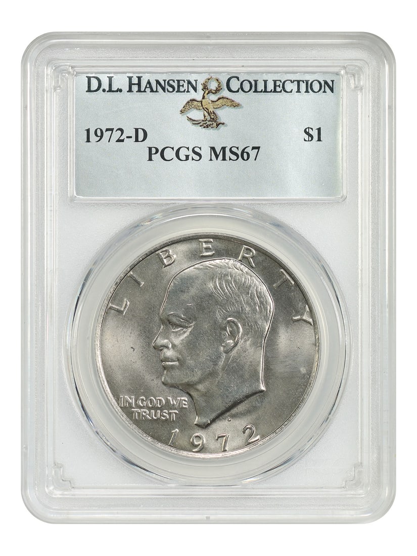 PCGS MS67 1972-D Ike Dollar $1 ex D.L. Hansen: PCGS MS67 1972-D Ike Dollar $1 ex D.L. Hansen 1972-D Eisenhower dollar certified by PCGS as MS67, offered from the D.L. Hansen collection. This uncirculated example is described as a particularly stro