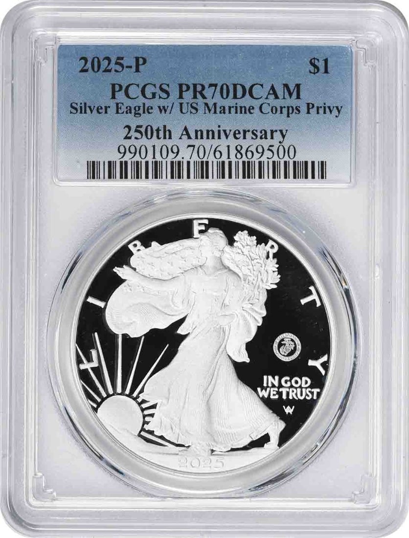 PCGS PR70DCAM 2025-P American Silver Eagle Marine Corps 250th Privy Proof (1 of 2)