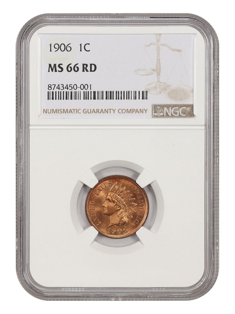 NGC MS66RD 1906 Indian Head Cent 1C Red Philadelphia: NGC MS66RD 1906 Indian Head Cent 1C Red Philadelphia 1906 Indian Cent certified by NGC in MS66RD. This uncirculated coin features bright red-orange surfaces and tremendous luster, supporting its premi